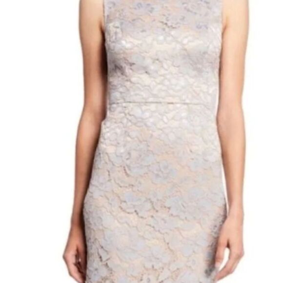 Eliza J Lace Asymmetrical Scalloped Hem Icy Blue Illusion Neckline Sheath Dress - Picture 12 of 15